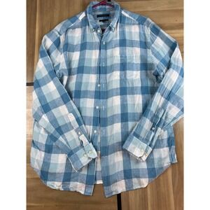Banana Republic Camden Fit Linen Plaid Button Down Shirt Men Size L Blue White